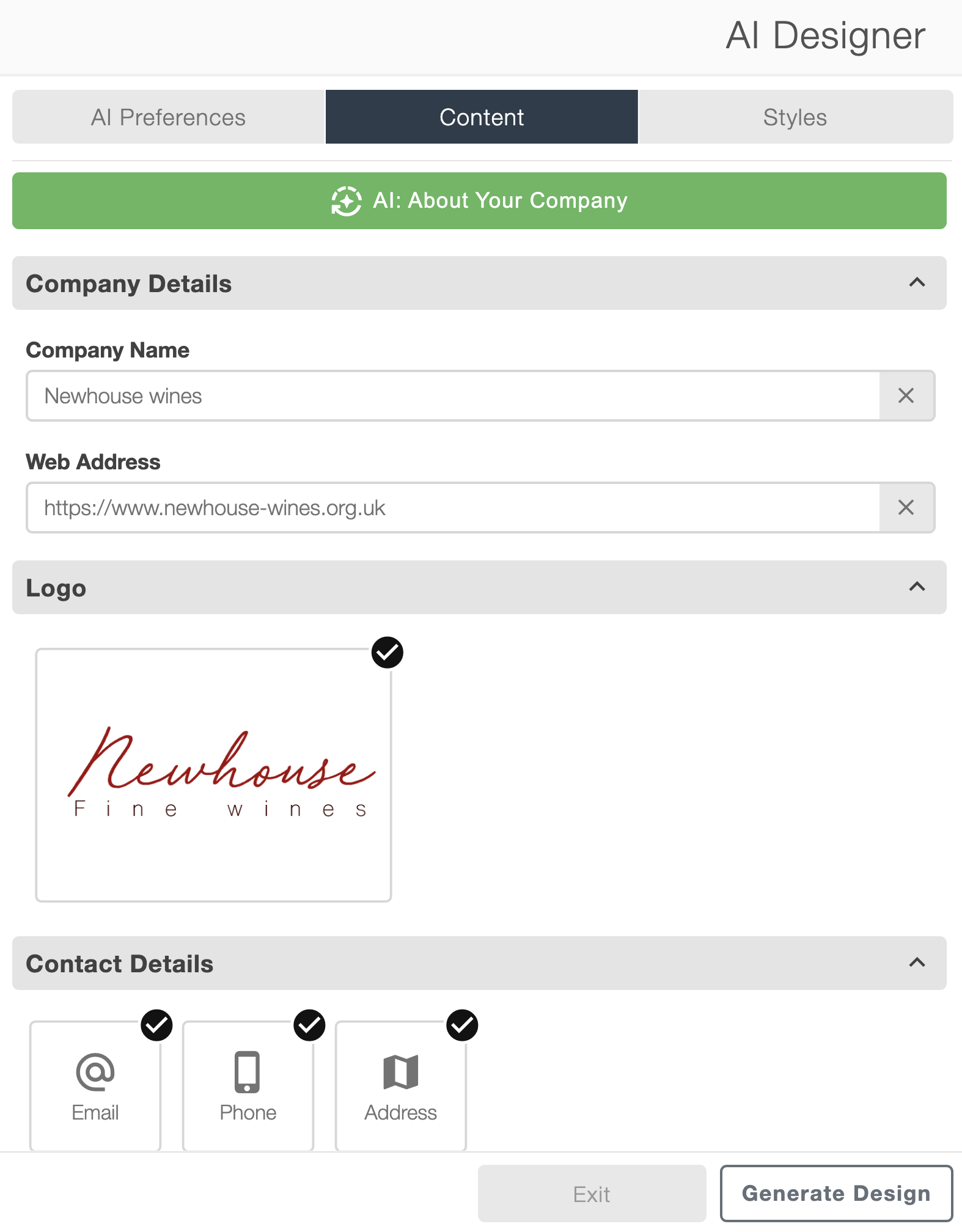 AI content settings showing company details, logo and contact information