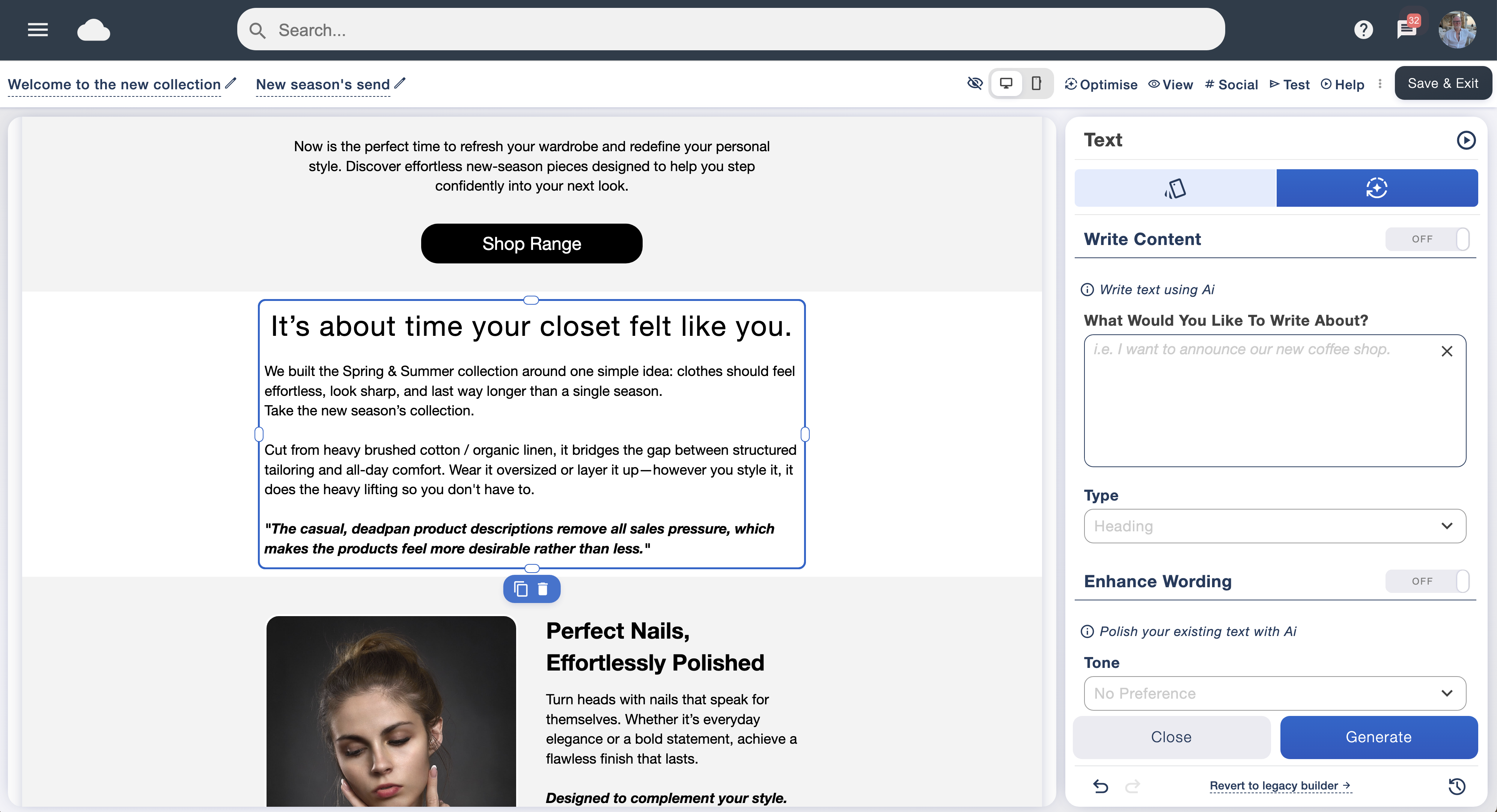 Email Blaster editor with AI writing and wording tools alongside an editable campaign