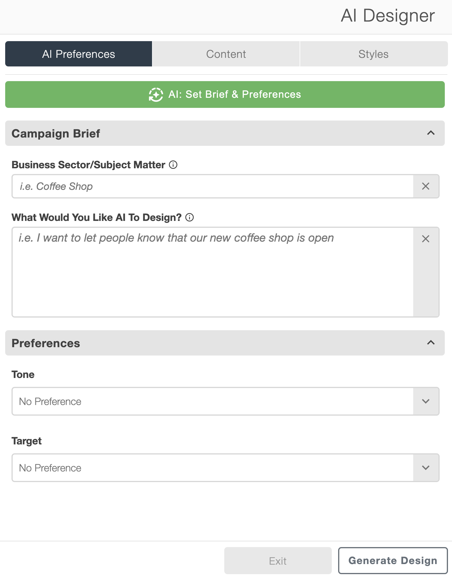 AI campaign brief and preferences with business sector, campaign description, tone and target controls