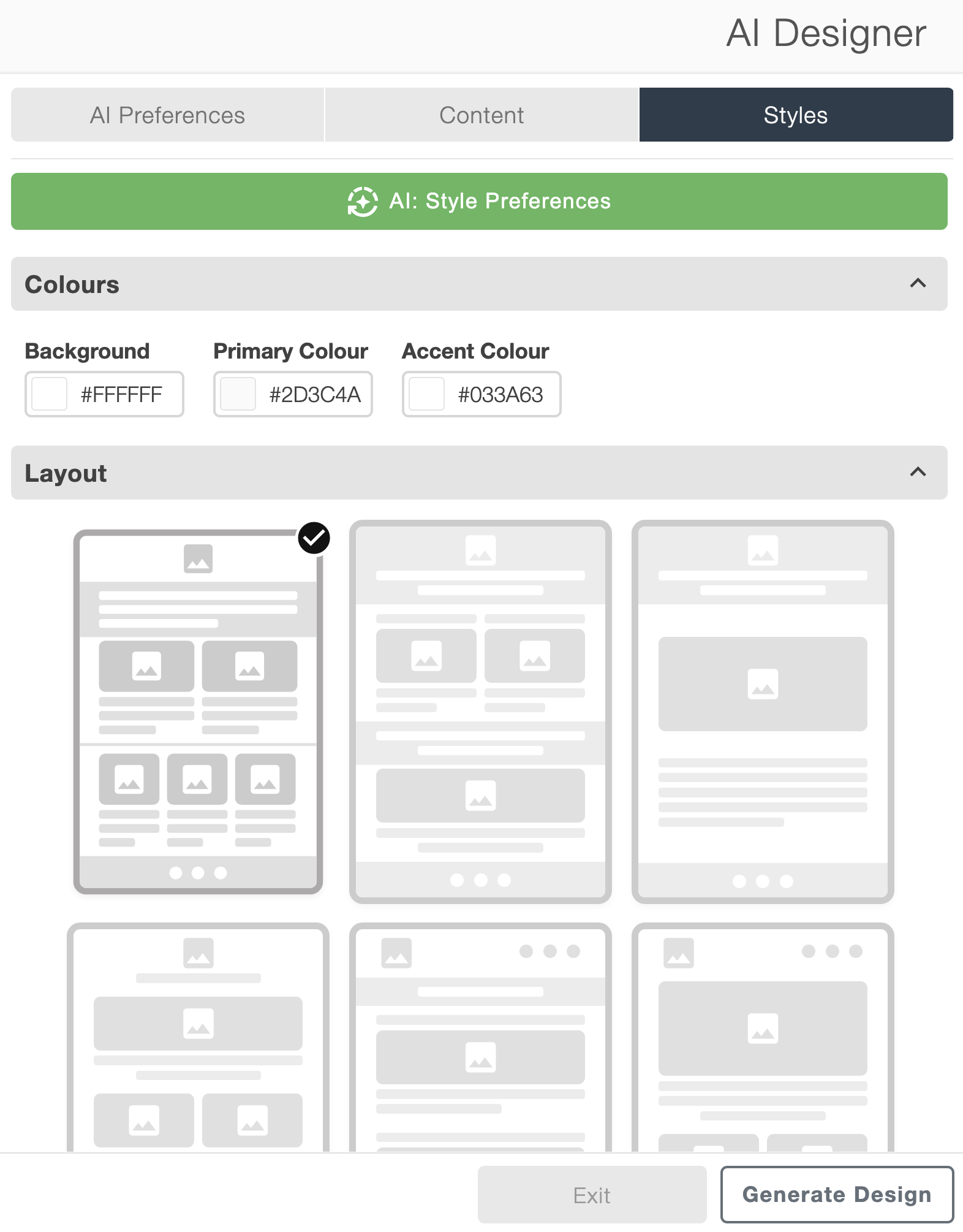 AI style preferences with colour controls and email layout options