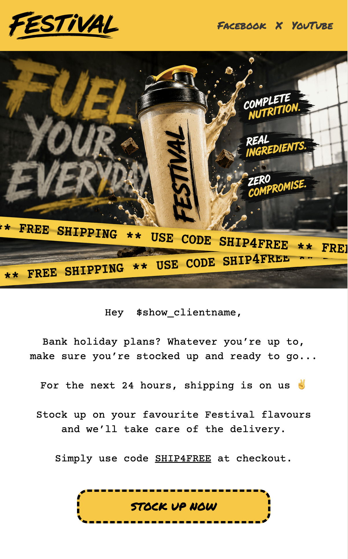Festival email campaign with bold yellow branding, product imagery and a free-shipping offer