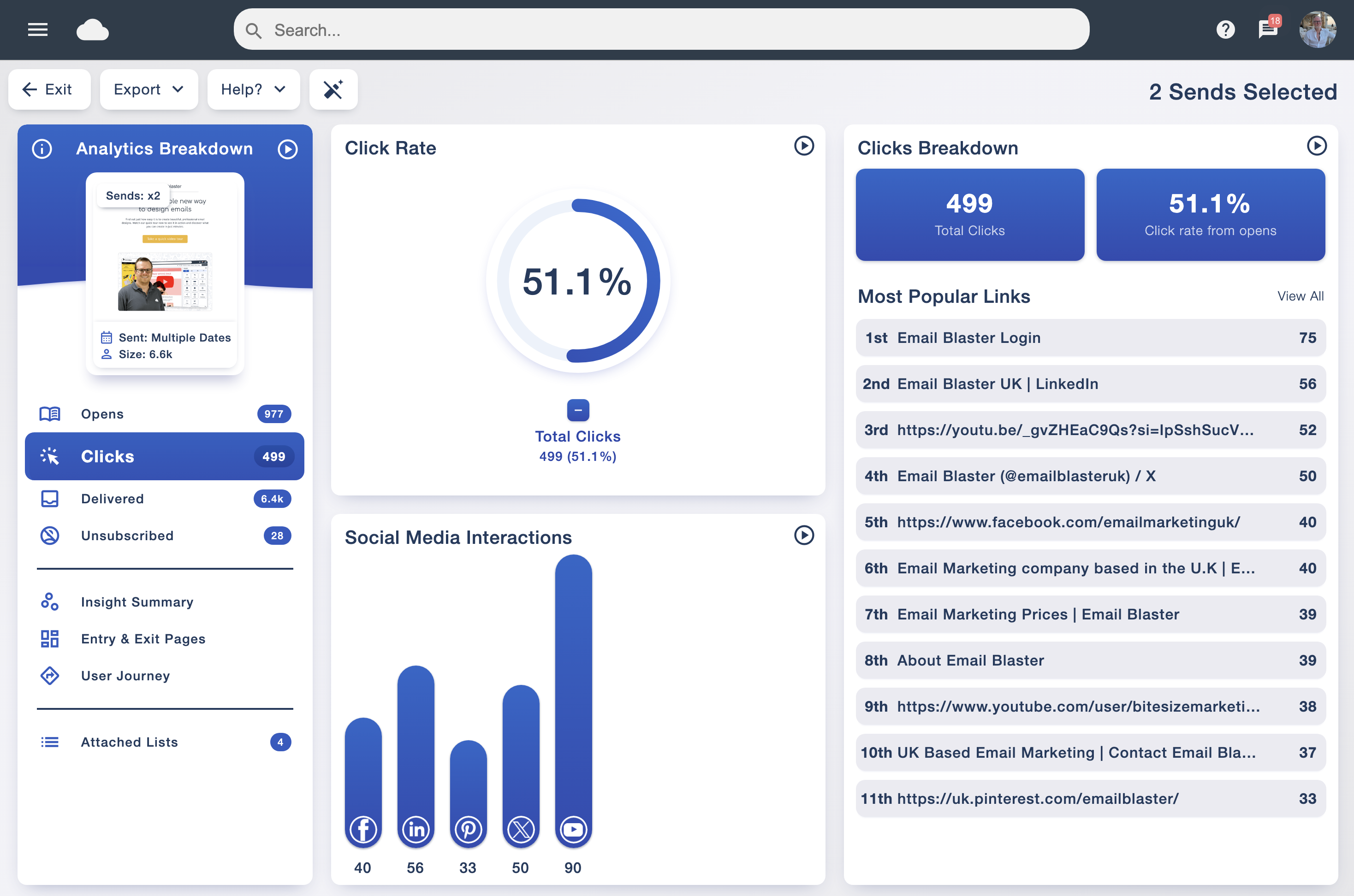 Email Blaster campaign report showing link engagement