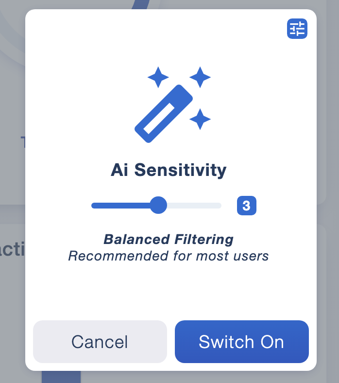 Smart Filter sensitivity control showing balanced filtering at level three