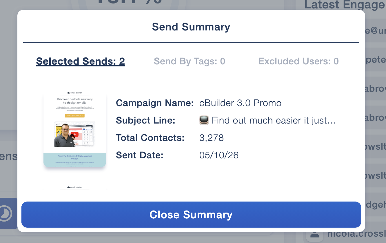 Send summary with campaign name, subject line, total contacts and sent date