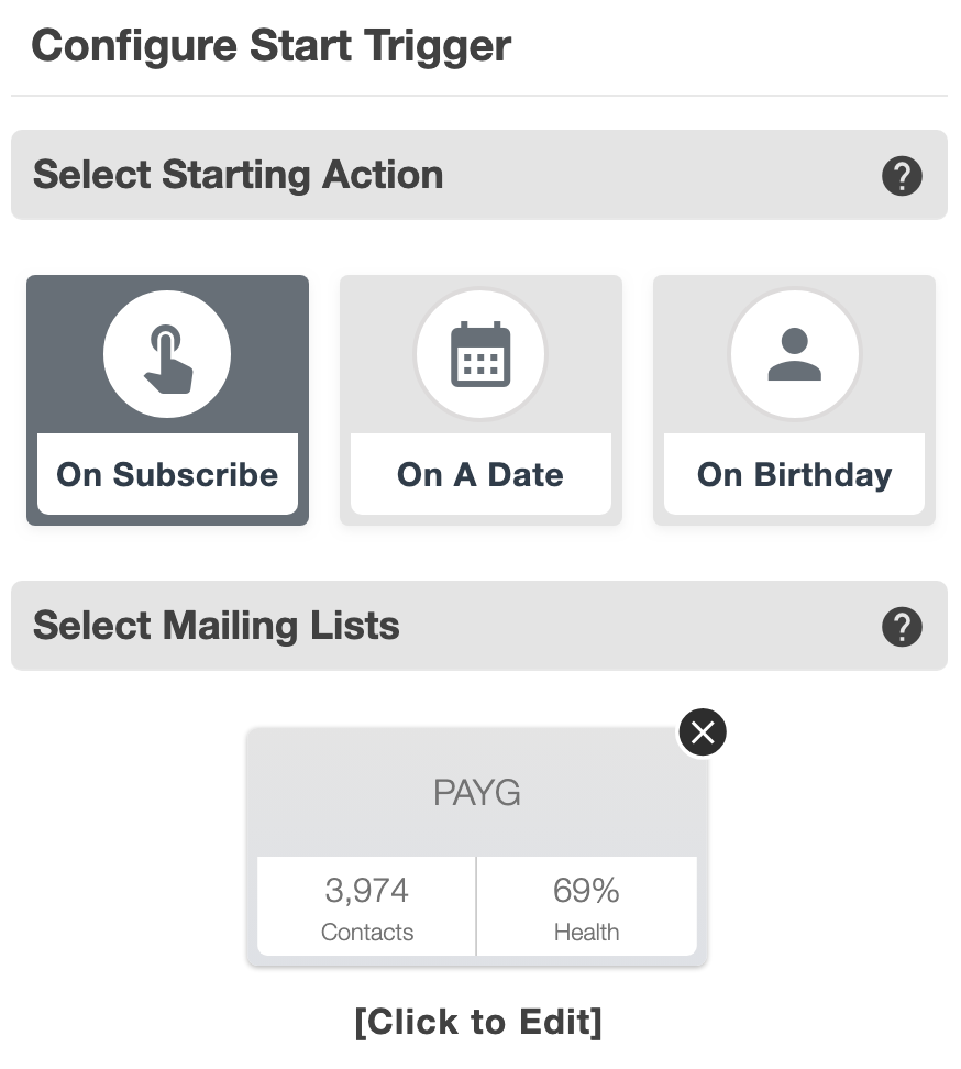 Automation start trigger options for on subscribe, on a date and on birthday, with a selected mailing list