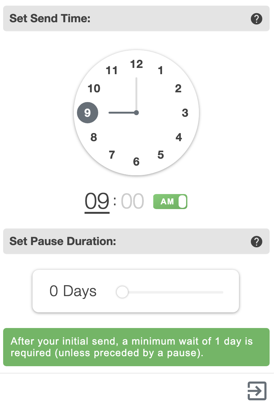 Automation timing settings showing a 9:00 AM send time and a pause duration slider