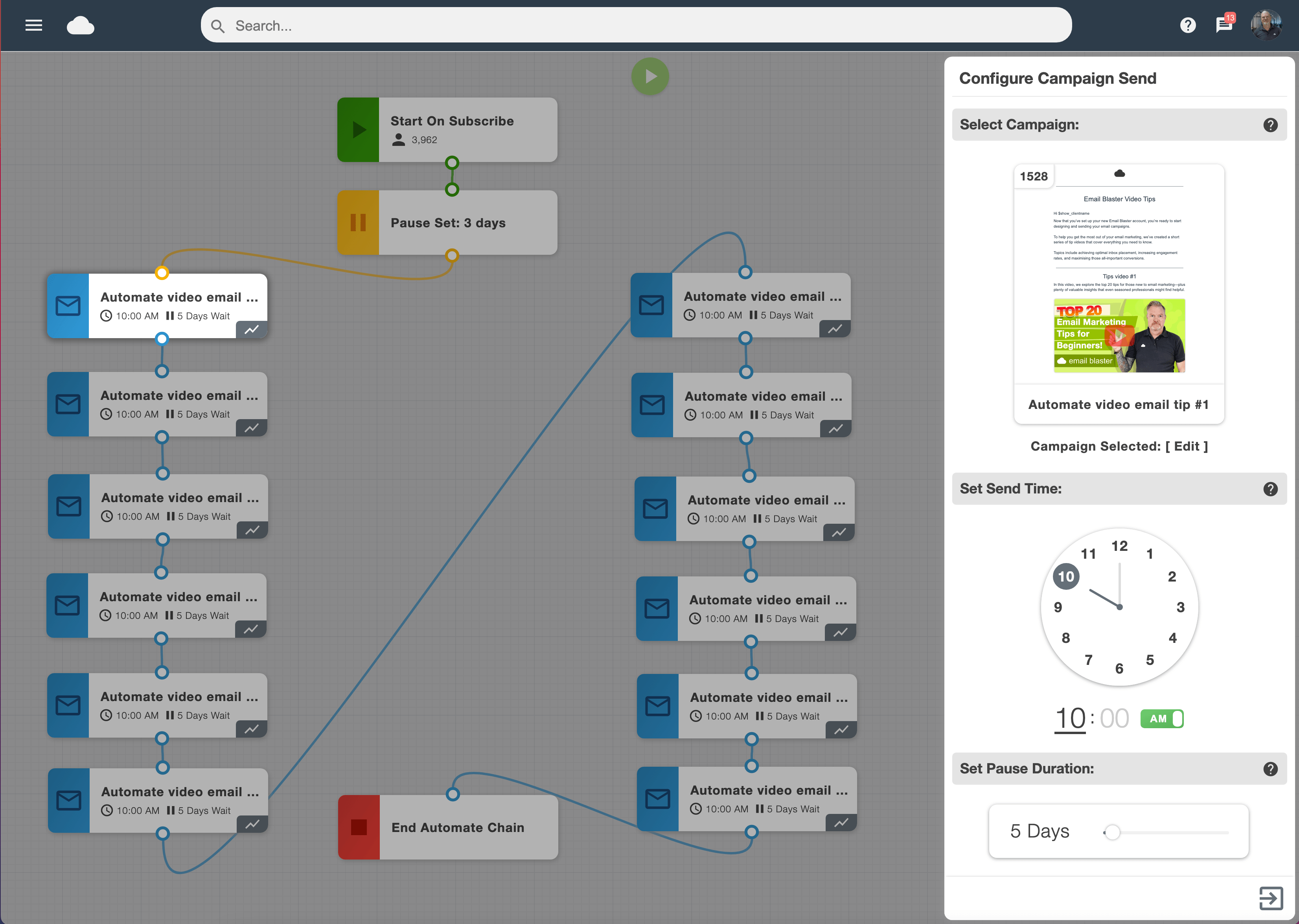 Visual automation workspace showing connected campaign steps and timing controls