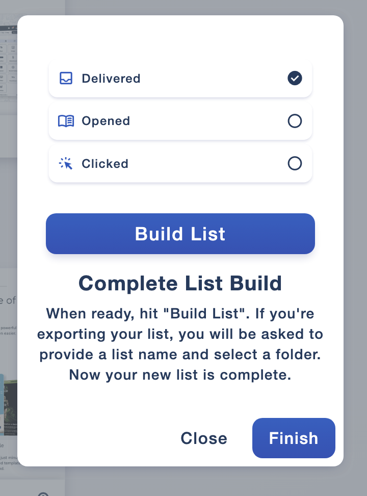 Complete List Build screen with engagement criteria and the Build List button