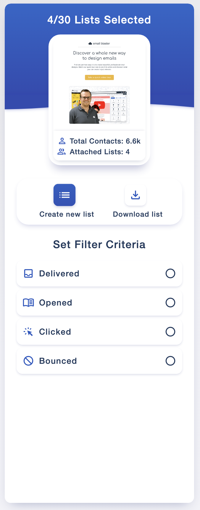 List Builder showing four selected lists, contact totals and engagement filter options