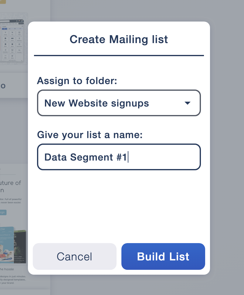 Create Mailing List dialog showing folder selection and the name Data Segment number one