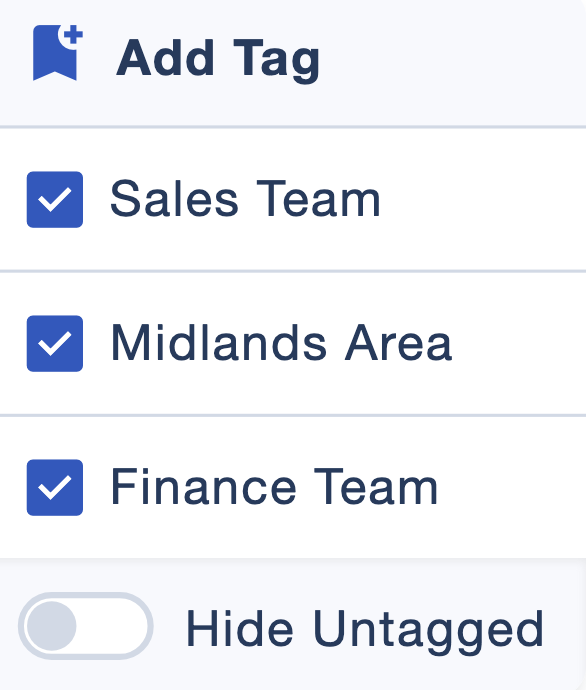 Tags menu showing Sales Team, Midlands Area and Finance Team, with Add Tag and Hide Untagged options