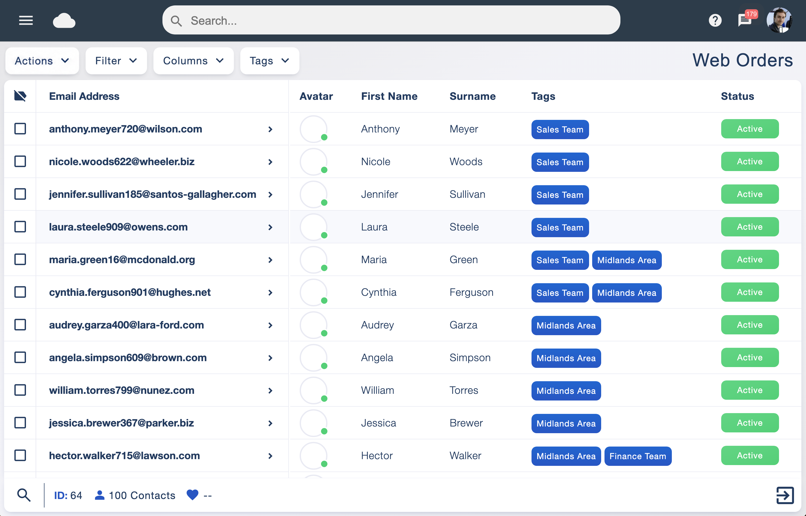 Subscriber list with audience tags assigned to contacts