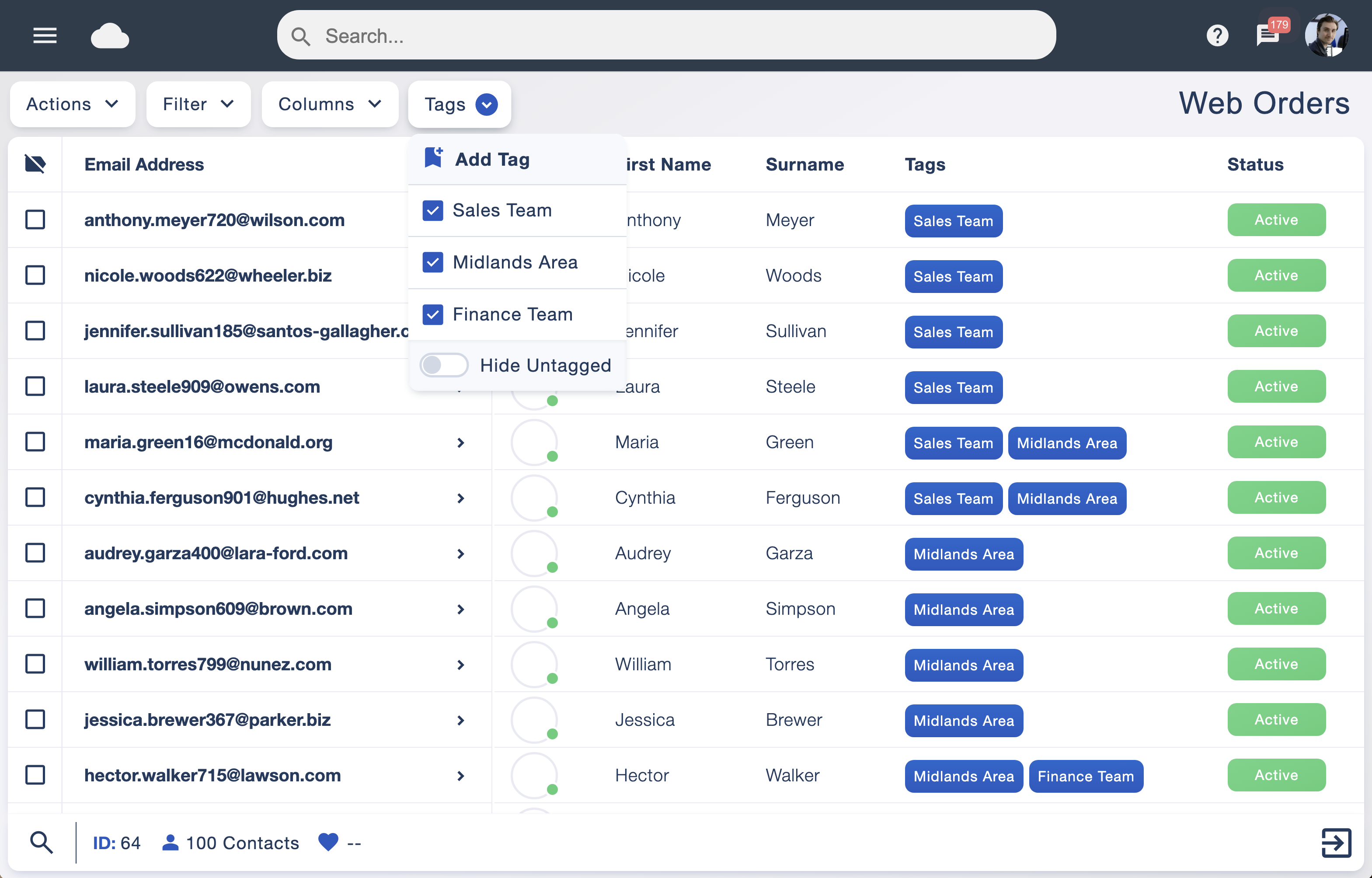 Subscriber list with the Tags menu open alongside contacts and their assigned tags