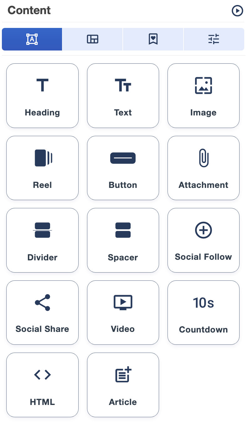 Drag and drop content tools for headings, text, images, buttons, video and countdowns