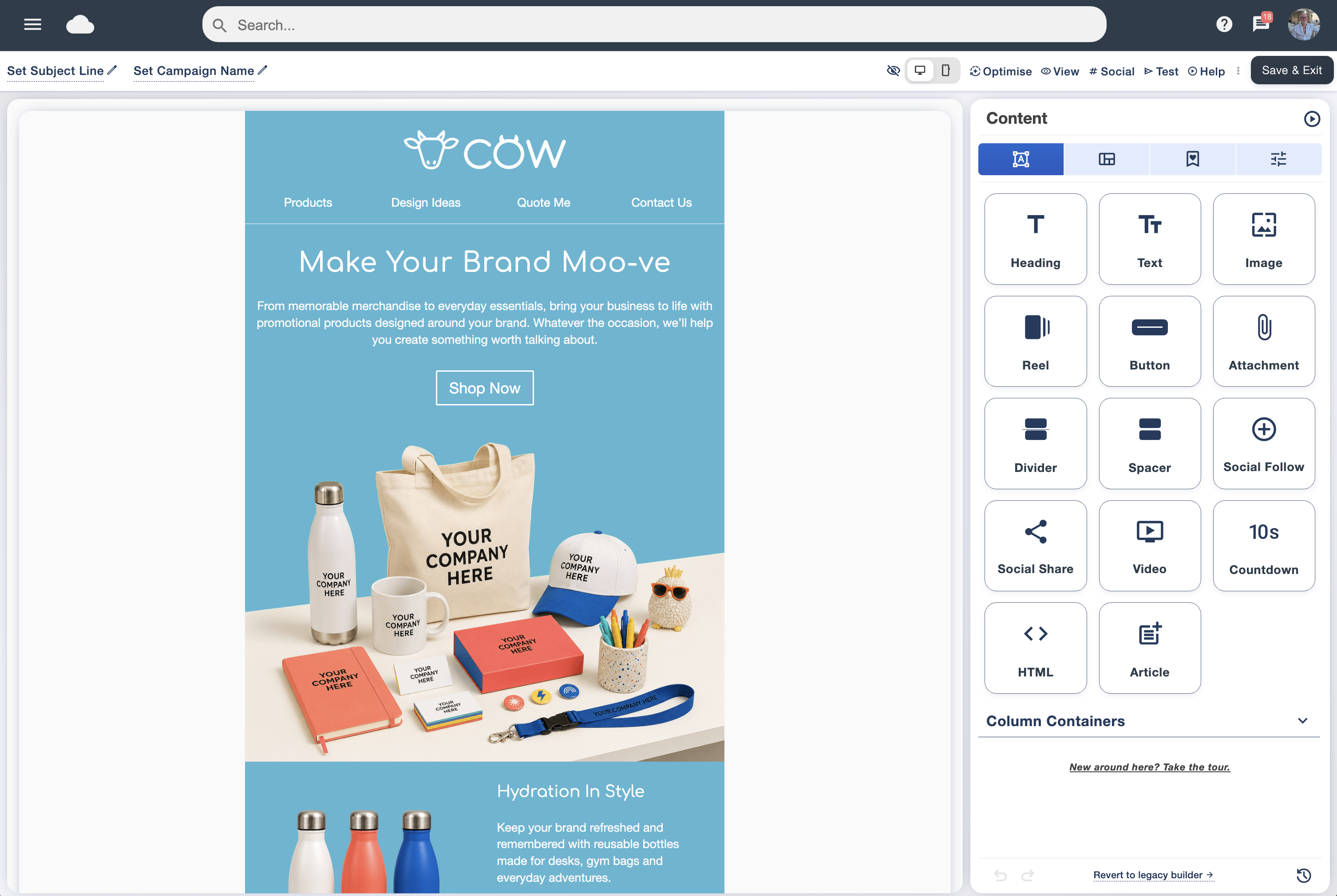 Email Blaster email designer showing a campaign and editable content blocks