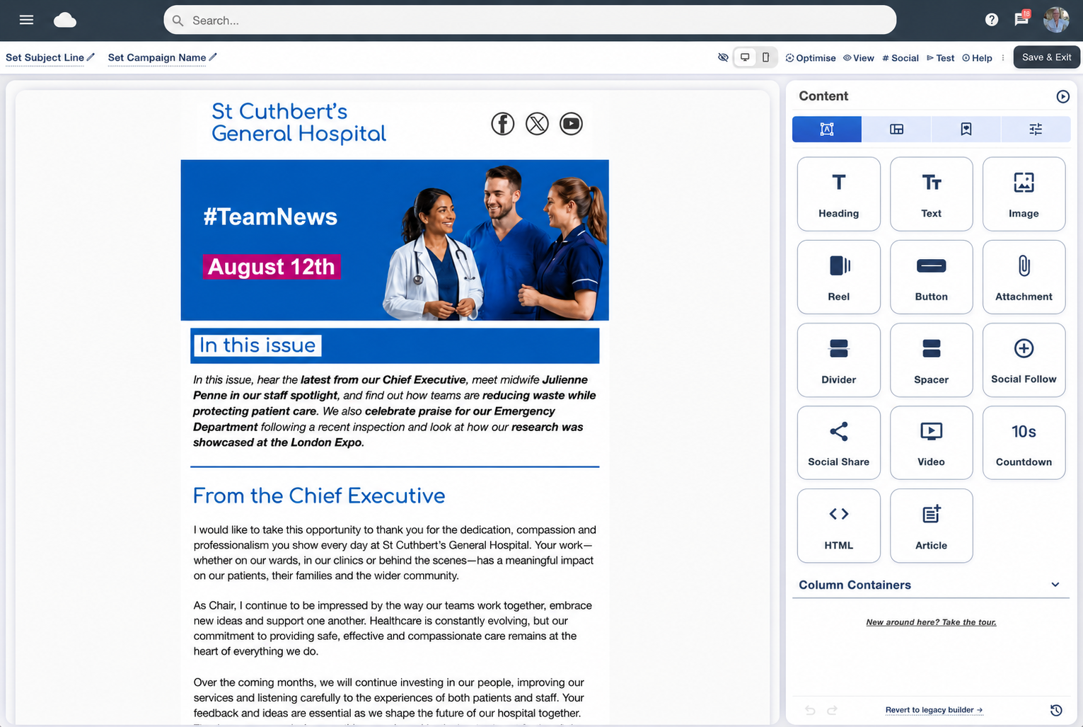 Email Blaster drag and drop designer showing the NHS staff newsletter and content block tools