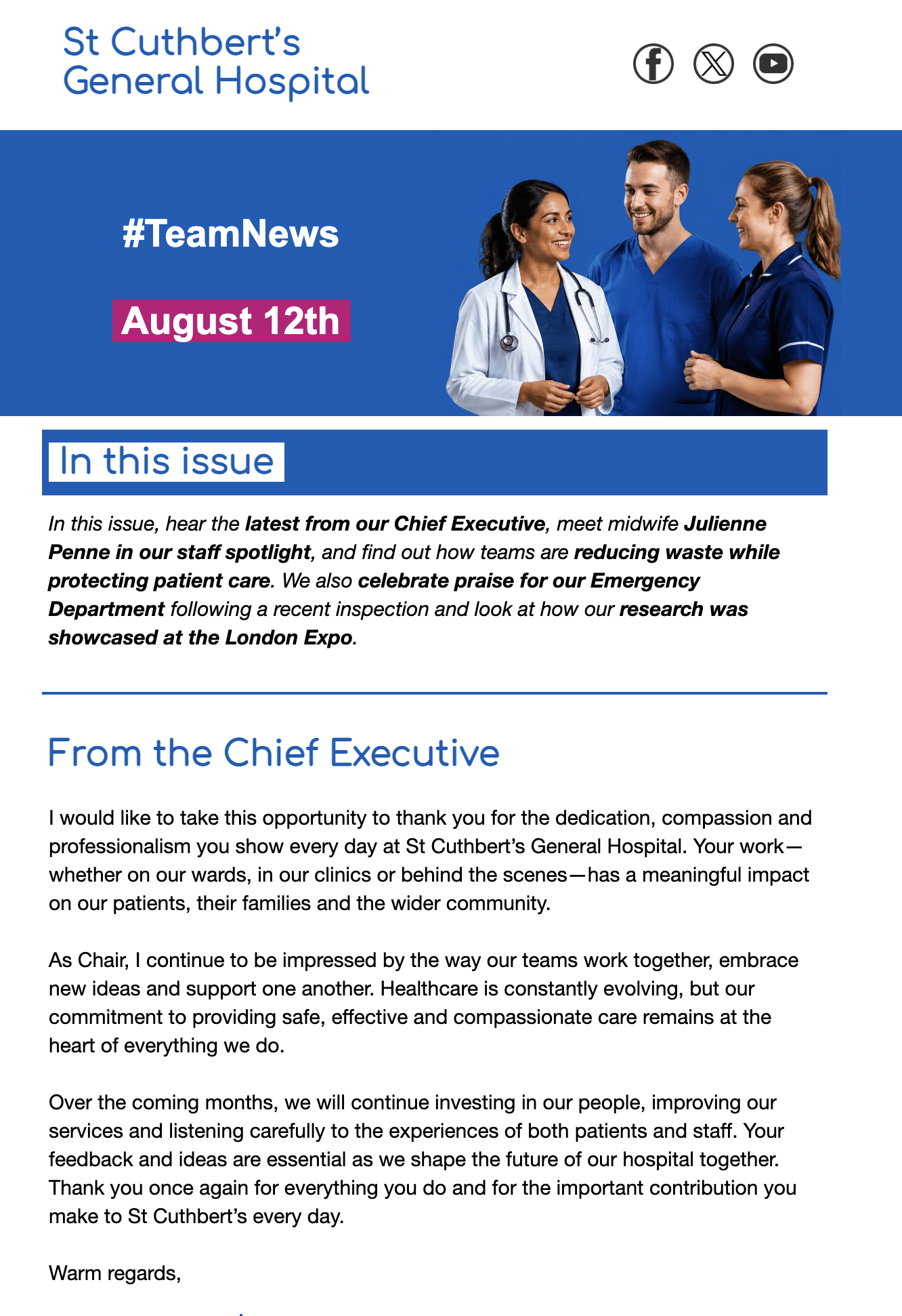 Example NHS staff newsletter with a leadership update