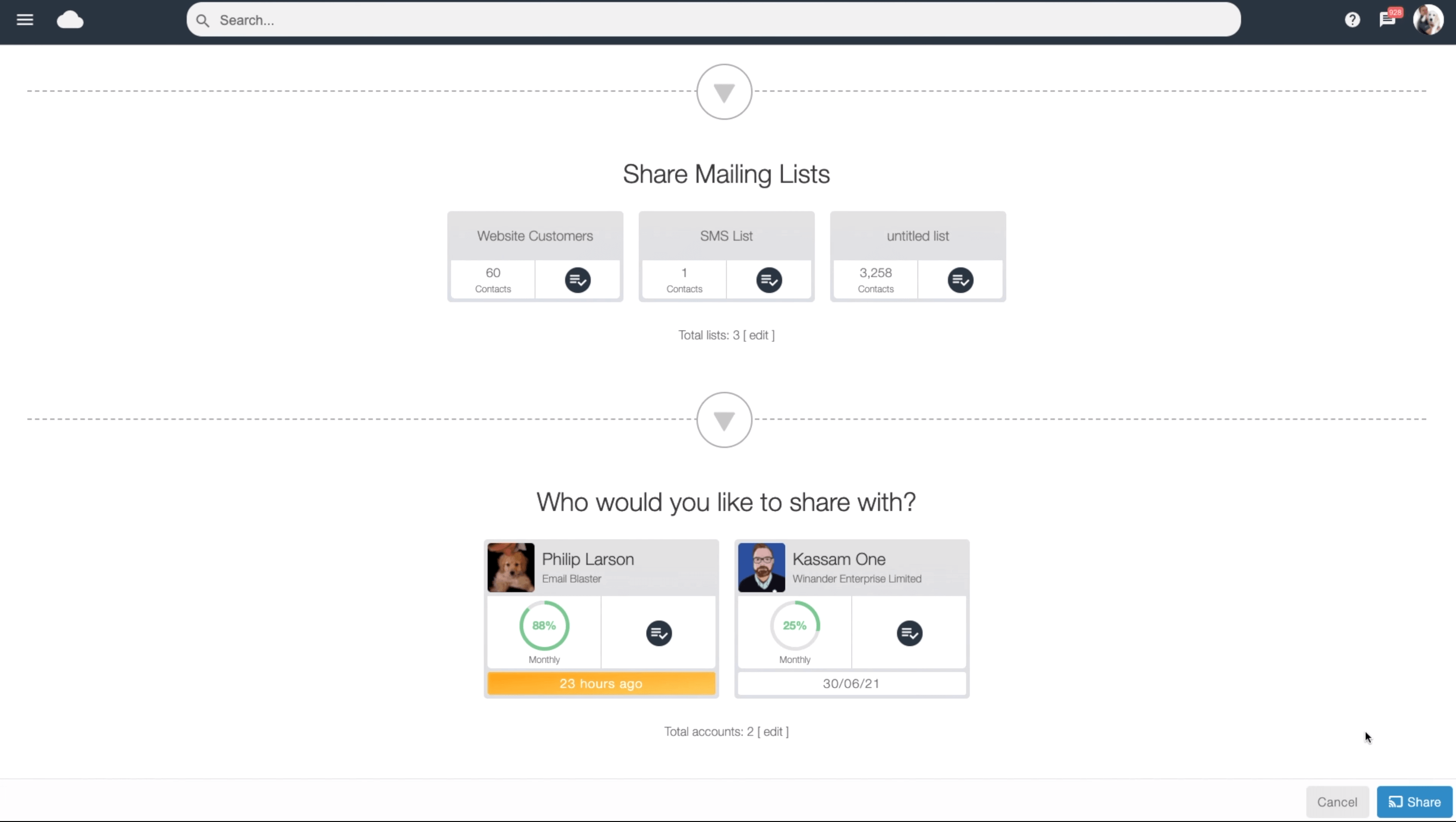 Share Mailing Lists screen showing lists and the client accounts selected to receive them