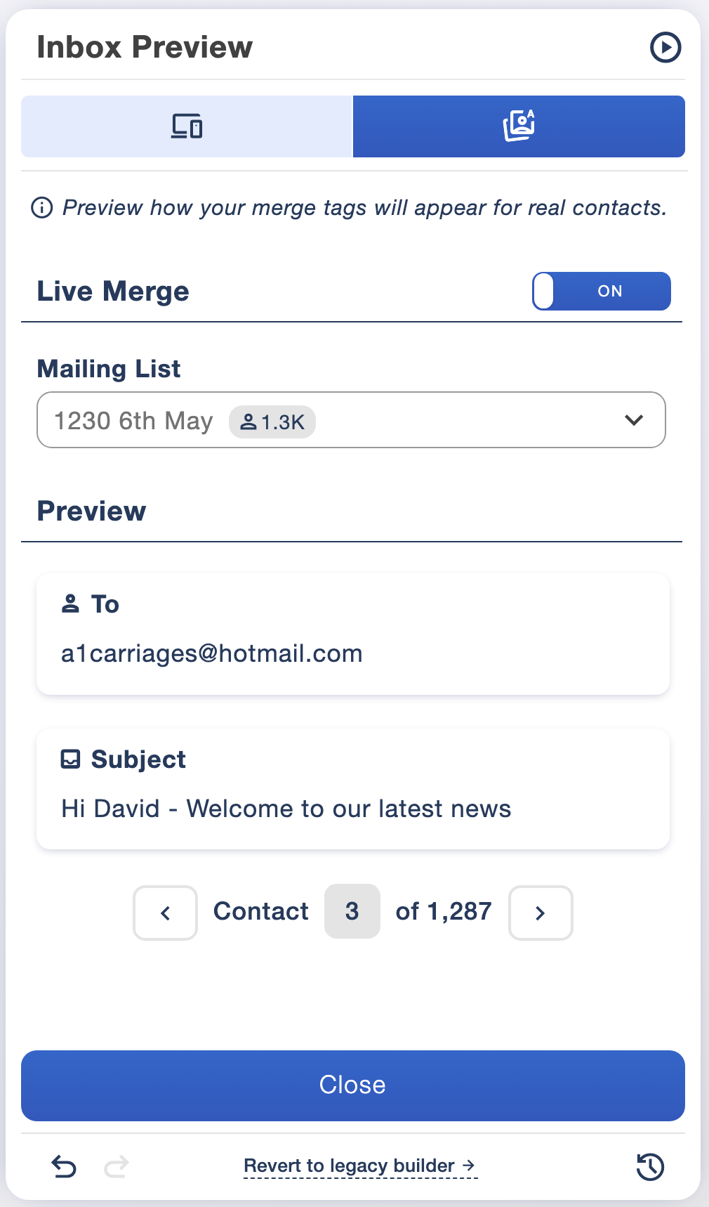 Live Merge preview with a selected mailing list, recipient details, personalised subject and contact navigation