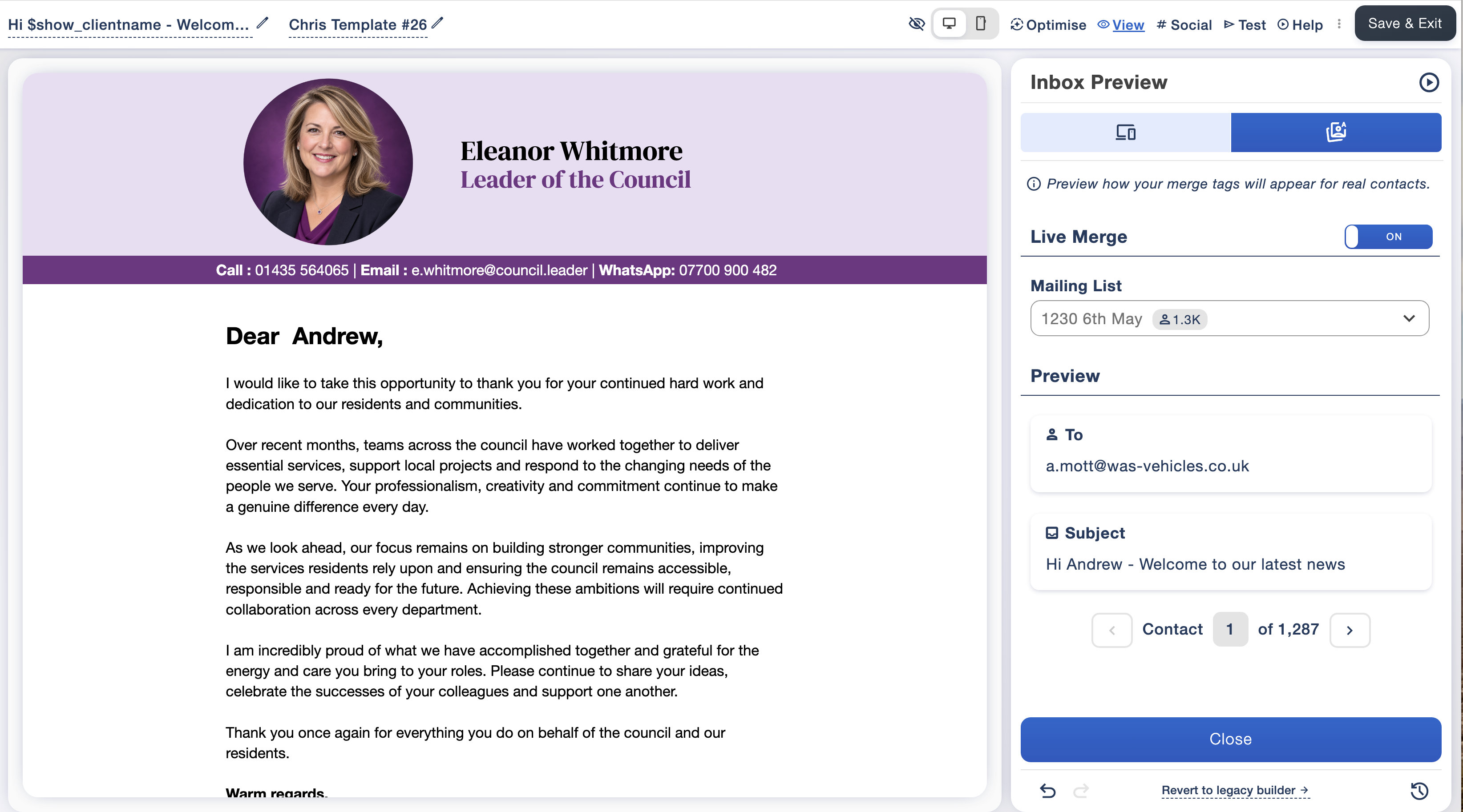 Email Blaster showing a live personalised email greeting and subject line for a mailing list contact