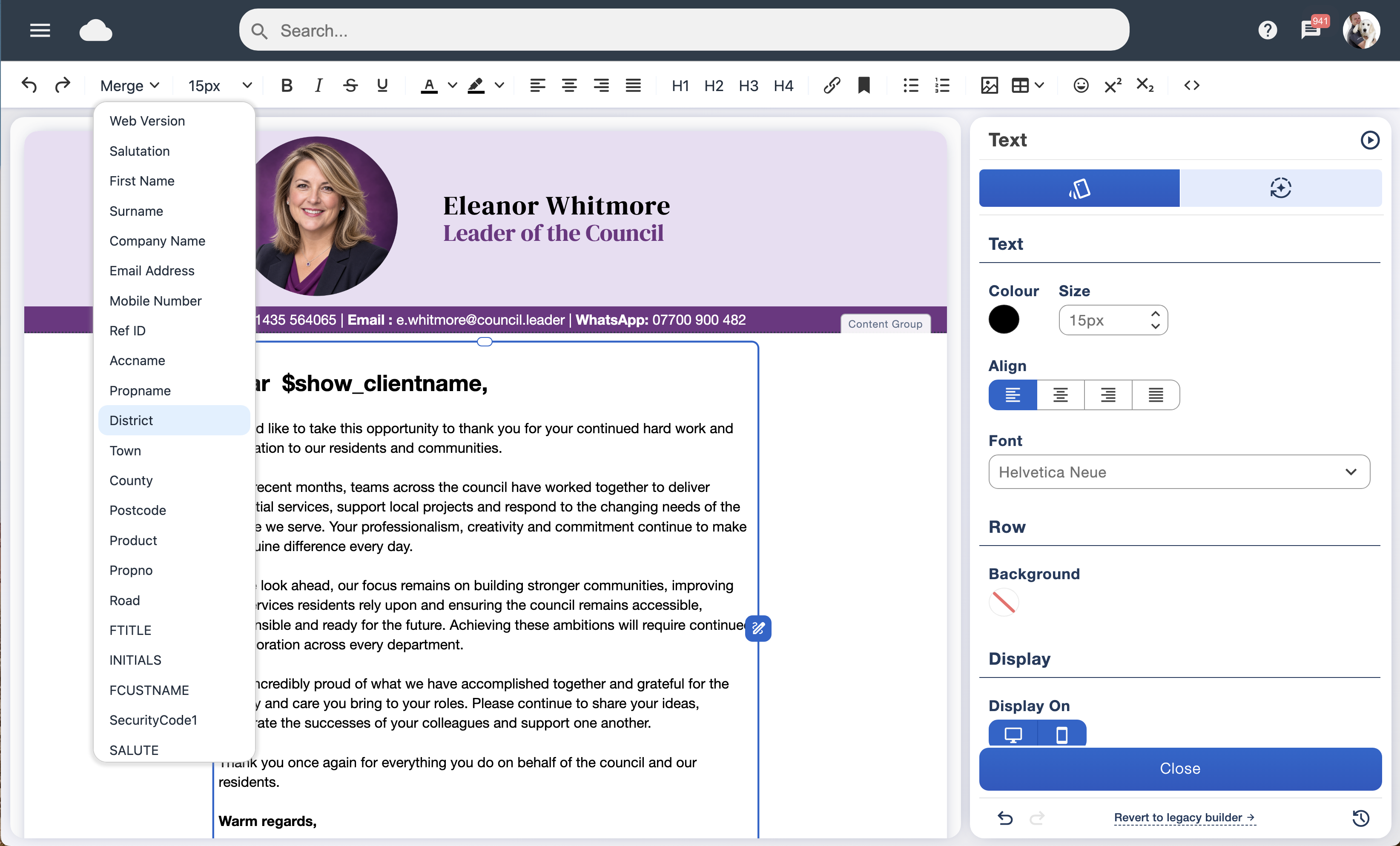 Email designer showing the mail merge menu and custom data fields