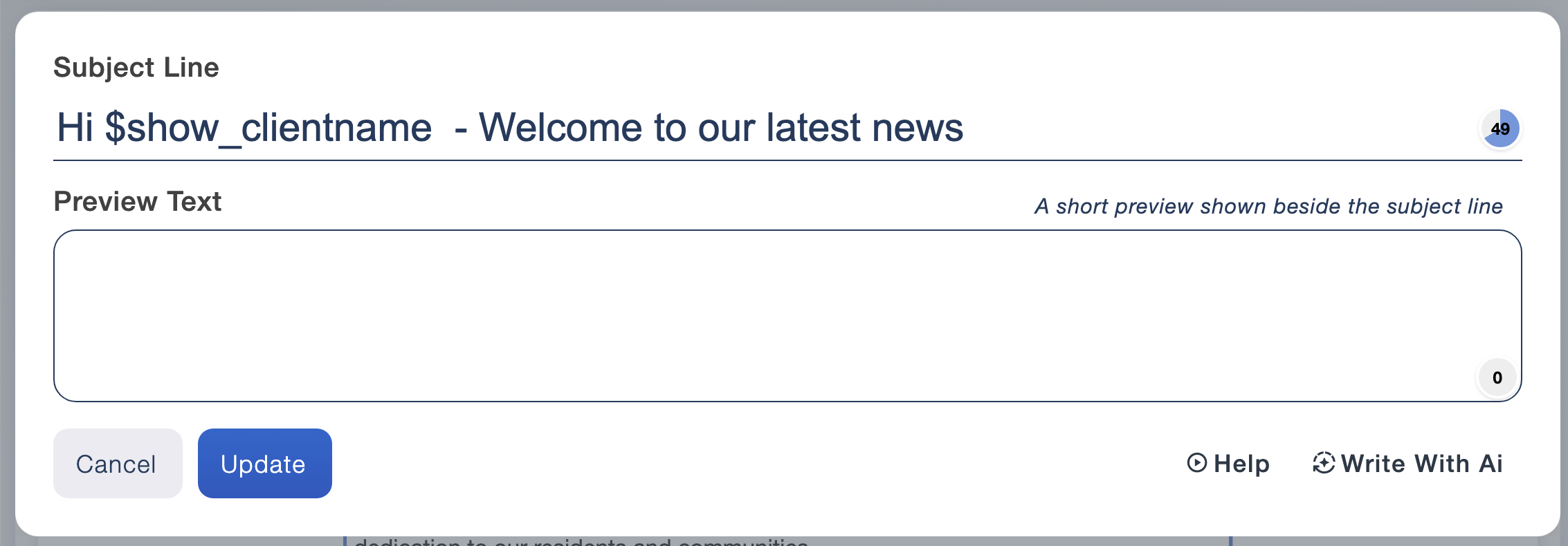 Subject line editor using a first name merge field in a welcome message