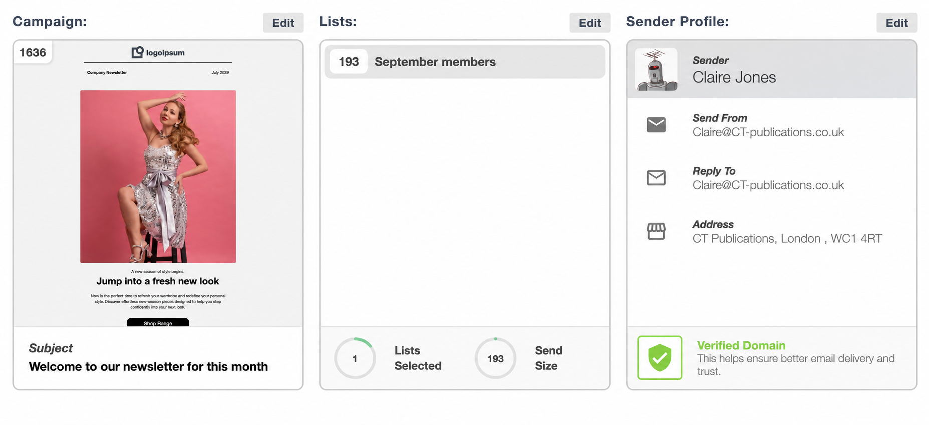 Campaign send summary showing the email preview, selected mailing list and sender profile with a verified domain