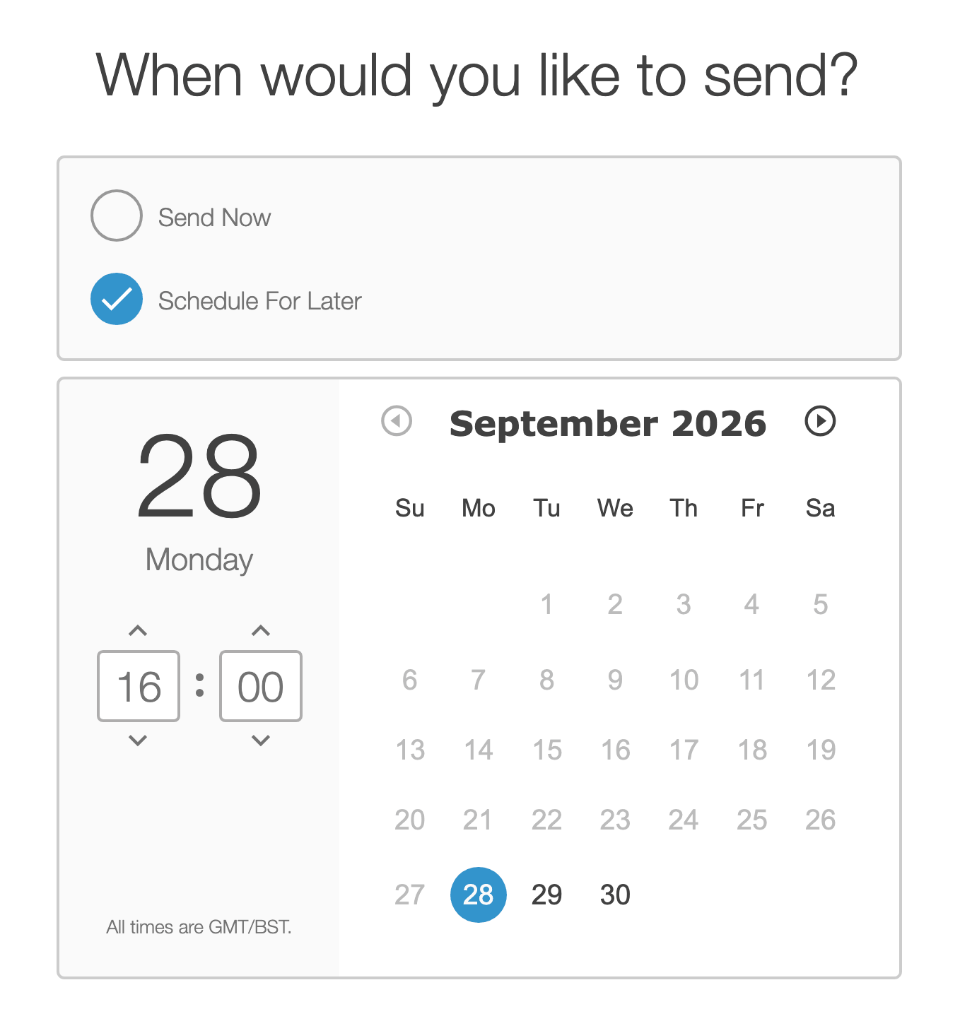 Email send scheduler with Schedule For Later selected and a calendar and time picker