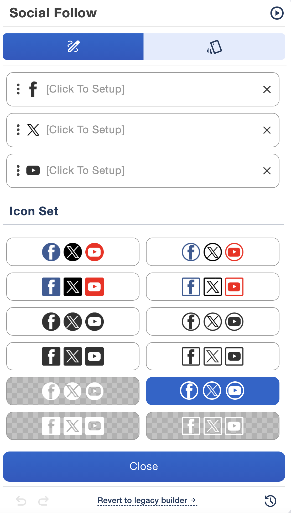 Social Follow settings showing profile links and coloured, monochrome and outlined social icon styles