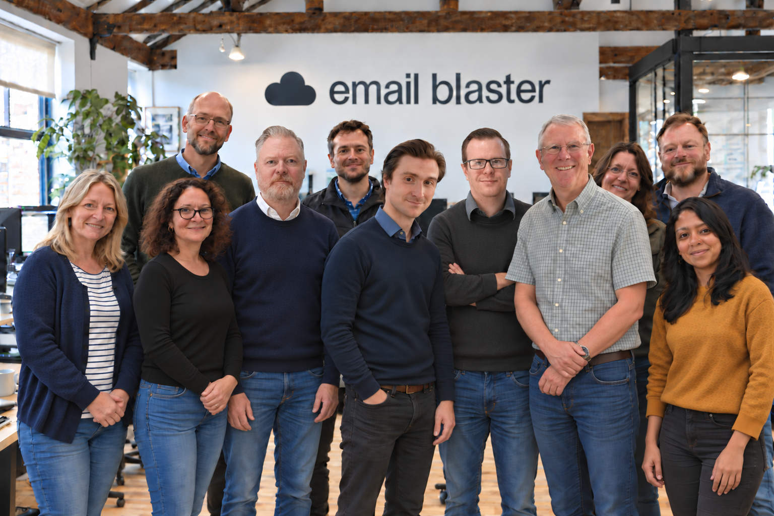 The eleven members of the Email Blaster team together in the office