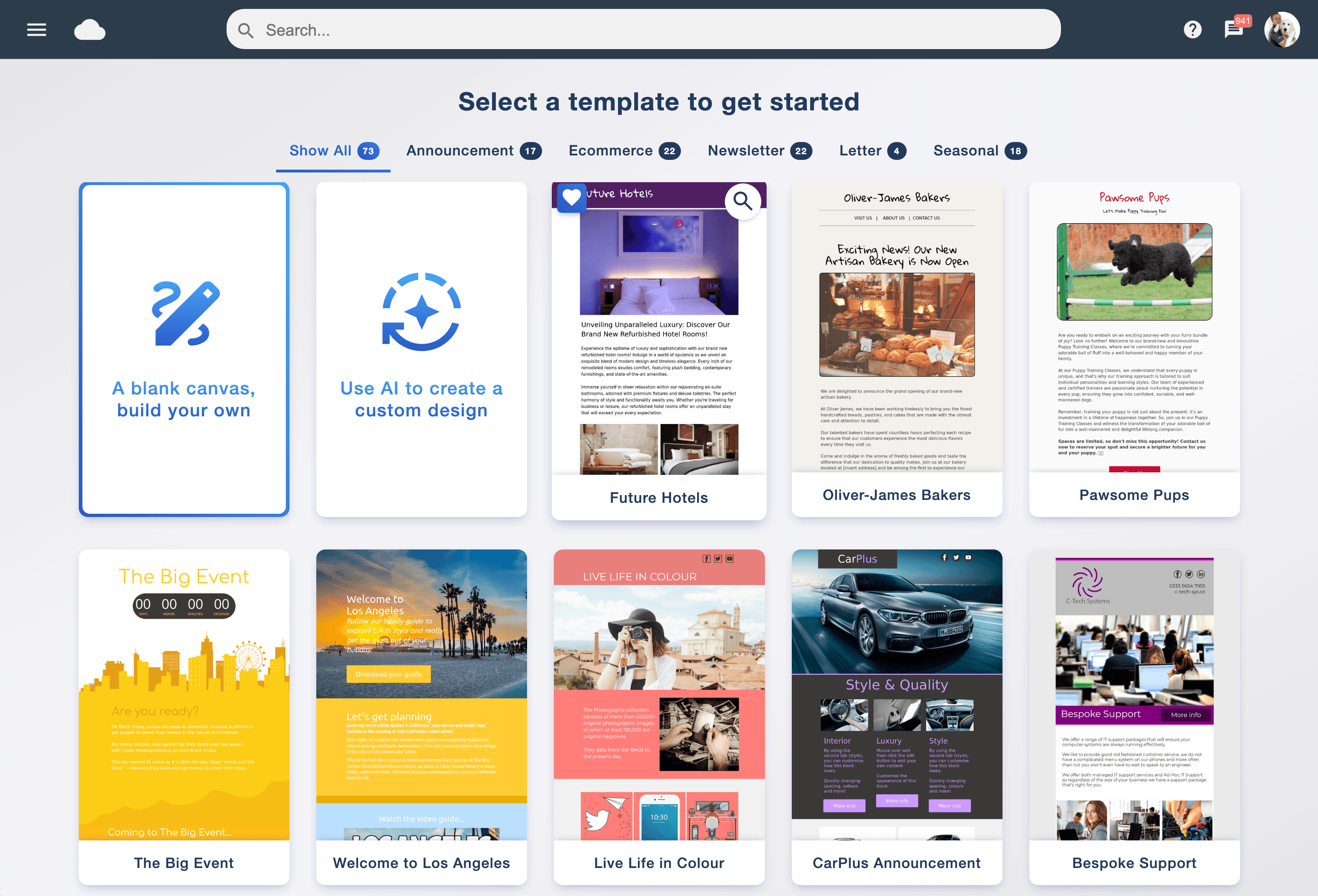 Email Blaster template library with a wide selection of designs