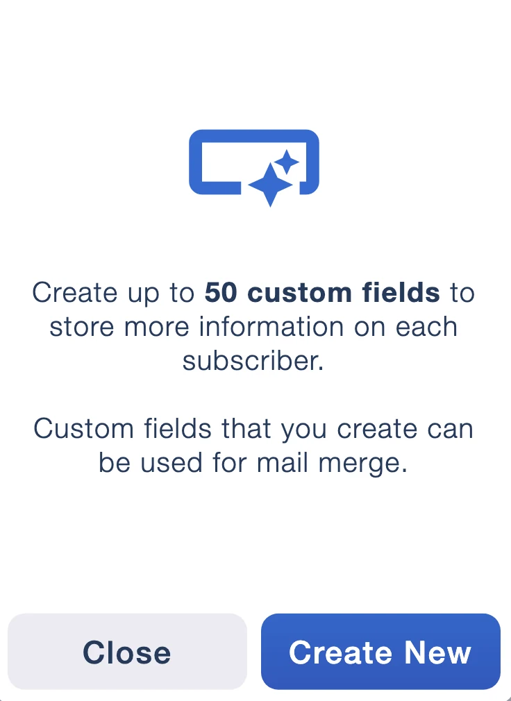 Custom fields dialog explaining up to 50 additional subscriber fields for mail merge
