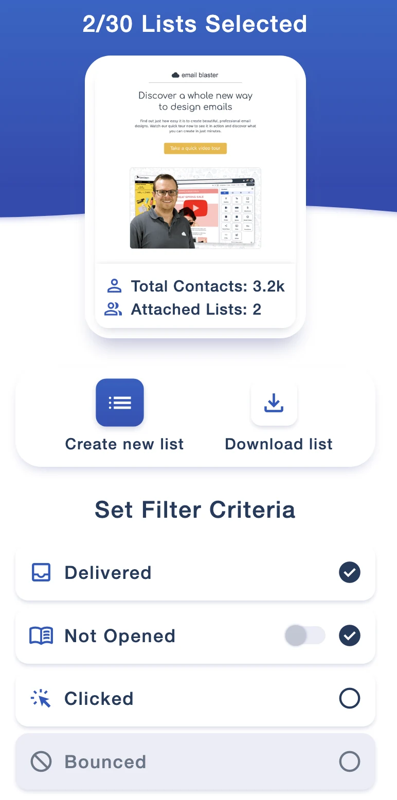 List Builder with two lists selected and Delivered and Not Opened filters enabled