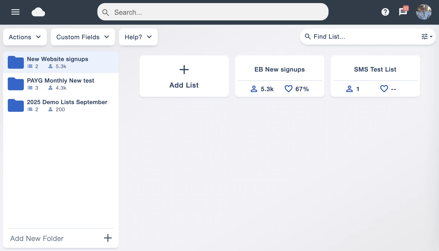 Email Blaster mailing lists organised into folders with contact totals