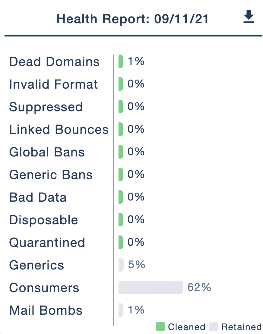 Example list health report showing dead domains, invalid formats and other data checks