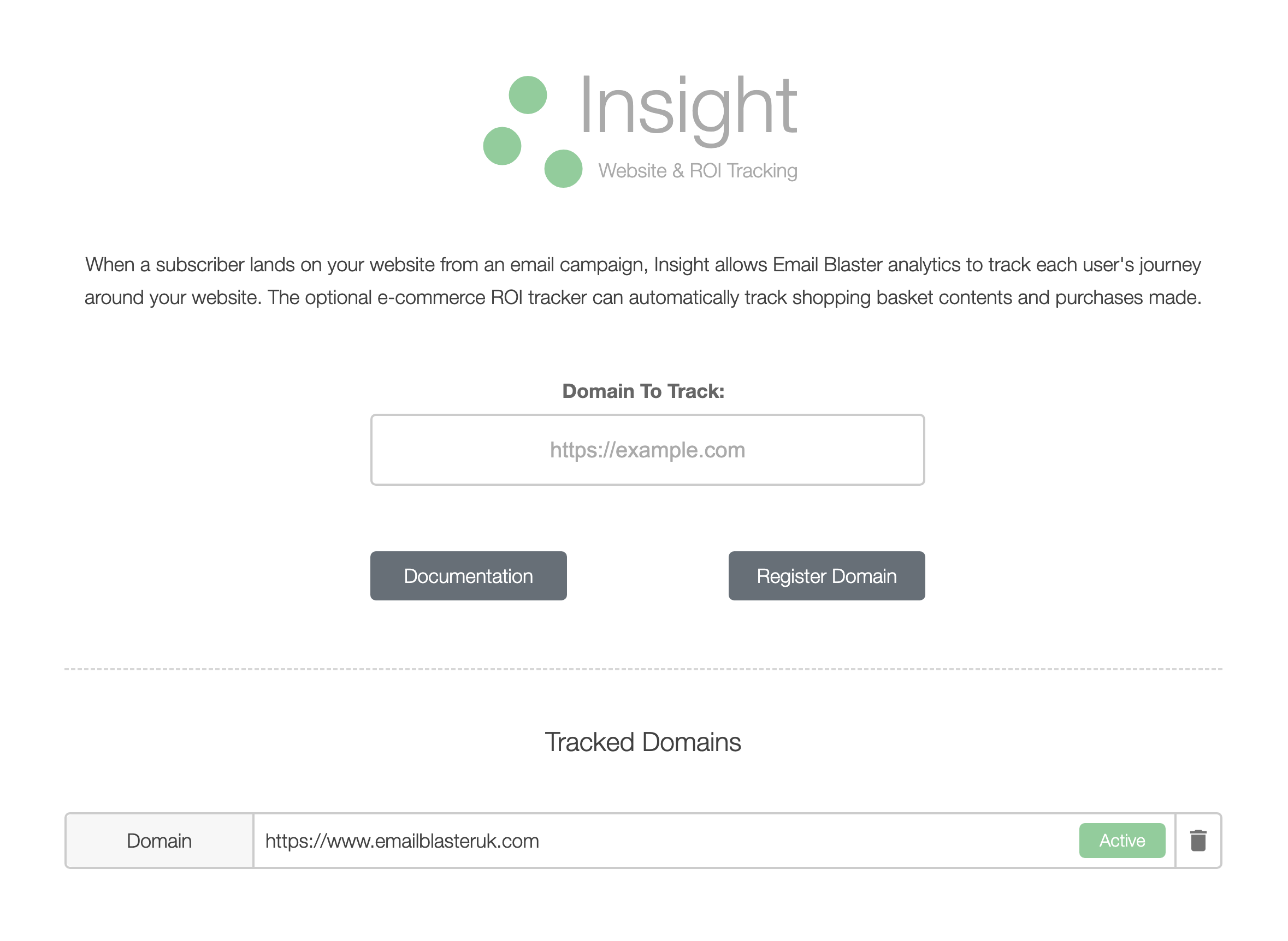 Insight setup screen for registering a website domain and viewing active tracked domains