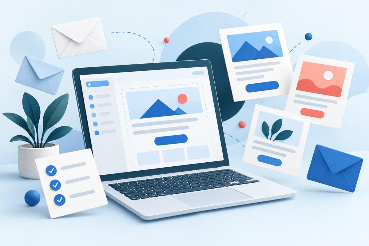 Illustration of an email editor, newsletter cards and a checklist for choosing email marketing software