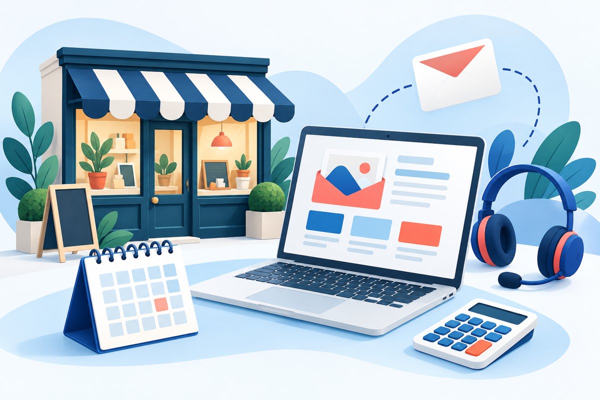 Illustration of a small shop, newsletter laptop, calendar, calculator and support headset