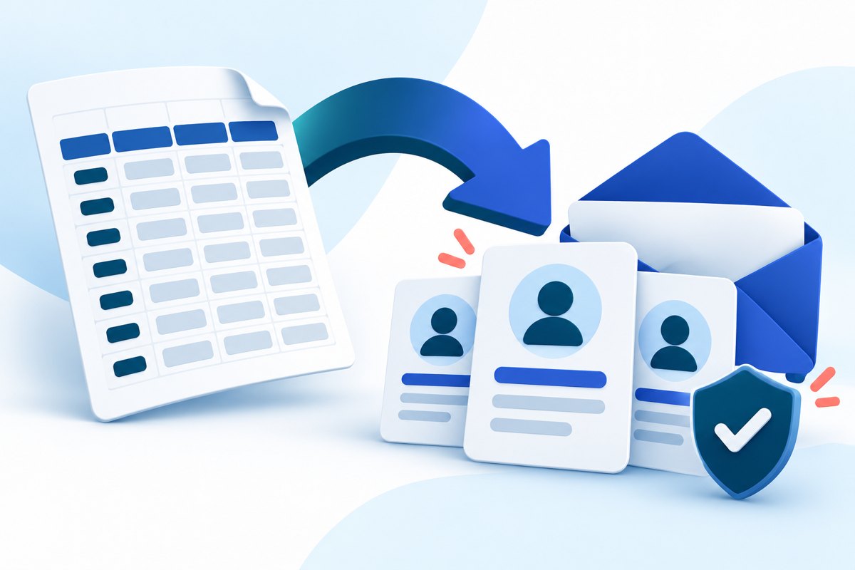 Illustration of spreadsheet rows flowing into organised email contact cards