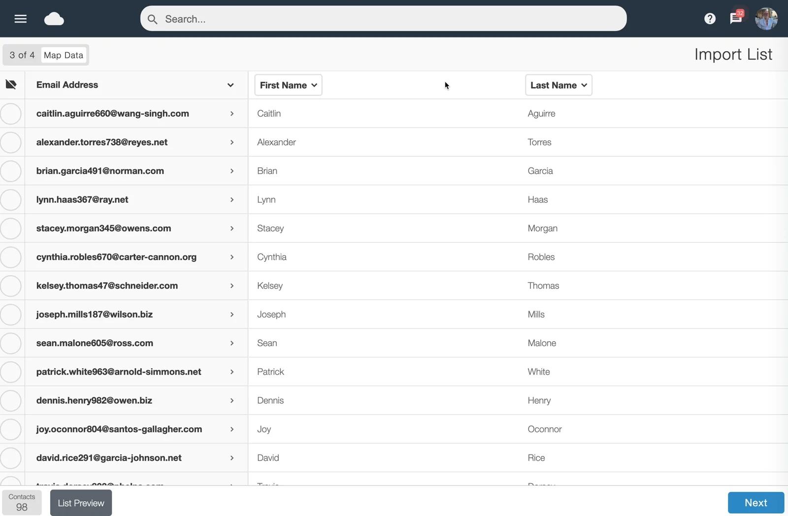 Frame from the supplied Email Blaster tutorial showing the Map Data screen with email, first-name and last-name fields